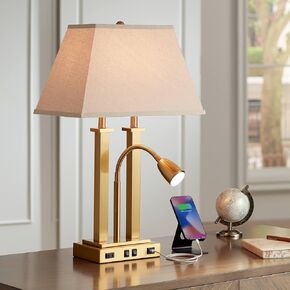 Possini Euro Design Deacon Modern Desk Table Lamp with USB and AC Power Outlet in Base LED Gooseneck 26" High Antique Brass Oatmeal Linen Drum Shade for Living Room Bedroom Bedside Nightstand in Saudi Arabia