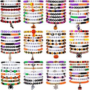 96 Pcs Halloween Bracelets Set Happy Halloween Friendship Bracelets Bulk Bats Ghosts Witches Colorful Beaded Adjustable Flat Jewelry for Women Man Party Favors Gift in Kuwait