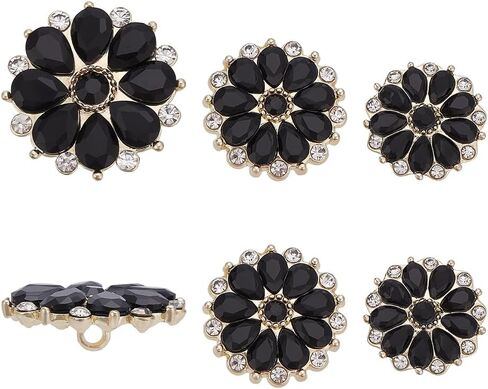 FINGERINSPIRE 6 PCS Black Rhinestone Buttons with Hole 3 Sizes Reusable Light Gold Alloy Glass Crystal Buttons for Sewing Flower Shape Black Rhinestone Embellishment for DIY Clothes Decoration in Saudi Arabia