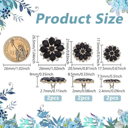 FINGERINSPIRE 6 PCS Black Rhinestone Buttons with Hole 3 Sizes Reusable Light Gold Alloy Glass Crystal Buttons for Sewing Flower Shape Black Rhinestone Embellishment for DIY Clothes Decoration in Saudi Arabia