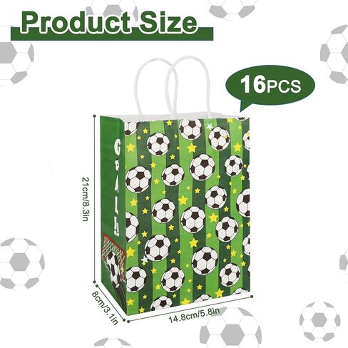 Pinsit 16PCS Soccer Favor Paper Bags, Soccer Goodie Bags, Soccer Bag for Snacks with Handles Treat Candy Bag for Kids Adults Party Supplies(White-03) in Kuwait
