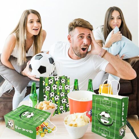 Pinsit 16PCS Soccer Favor Paper Bags, Soccer Goodie Bags, Soccer Bag for Snacks with Handles Treat Candy Bag for Kids Adults Party Supplies(White-03) in Kuwait