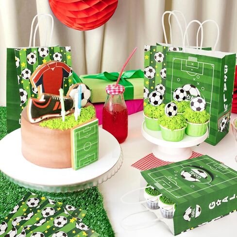 Pinsit 16PCS Soccer Favor Paper Bags, Soccer Goodie Bags, Soccer Bag for Snacks with Handles Treat Candy Bag for Kids Adults Party Supplies(White-03) in Kuwait