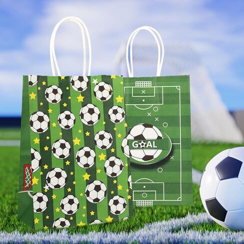 Pinsit 16PCS Soccer Favor Paper Bags, Soccer Goodie Bags, Soccer Bag for Snacks with Handles Treat Candy Bag for Kids Adults Party Supplies(White-03) in Kuwait