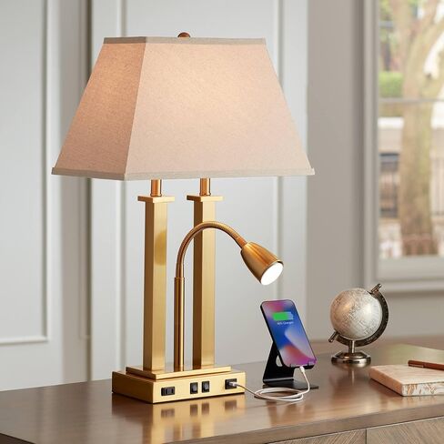 Possini Euro Design Deacon Modern Desk Table Lamp with USB and AC Power Outlet in Base LED Gooseneck 26" High Antique Brass Oatmeal Linen Drum Shade for Living Room Bedroom Bedside Nightstand in Saudi Arabia
