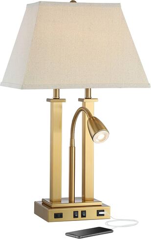 Possini Euro Design Deacon Modern Desk Table Lamp with USB and AC Power Outlet in Base LED Gooseneck 26" High Antique Brass Oatmeal Linen Drum Shade for Living Room Bedroom Bedside Nightstand in Saudi Arabia