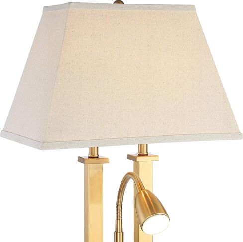 Possini Euro Design Deacon Modern Desk Table Lamp with USB and AC Power Outlet in Base LED Gooseneck 26" High Antique Brass Oatmeal Linen Drum Shade for Living Room Bedroom Bedside Nightstand in Saudi Arabia
