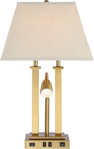 Possini Euro Design Deacon Modern Desk Table Lamp with USB and AC Power Outlet in Base LED Gooseneck 26" High Antique Brass Oatmeal Linen Drum Shade for Living Room Bedroom Bedside Nightstand in Saudi Arabia