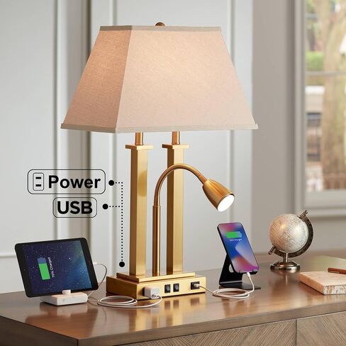 Possini Euro Design Deacon Modern Desk Table Lamp with USB and AC Power Outlet in Base LED Gooseneck 26" High Antique Brass Oatmeal Linen Drum Shade for Living Room Bedroom Bedside Nightstand in Saudi Arabia