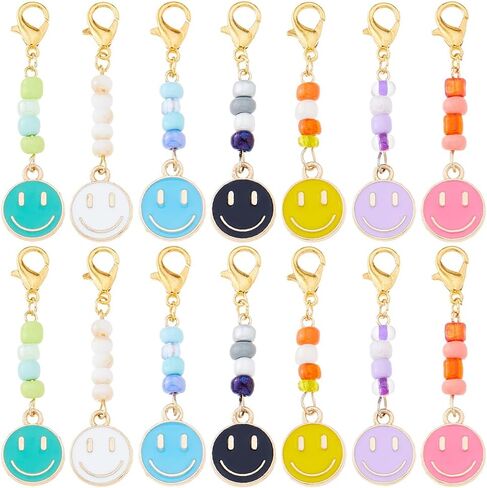 SUPERFINDINGS 28Pcs 7 Colors Smile Face Charm Pendants Happy Face Pendant with Glass Beads Clip on Charms Zipper Pulls Charm Alloy Lobster Claw Clasps Pendants for DIY Keychain Jewelry Making in Saudi Arabia