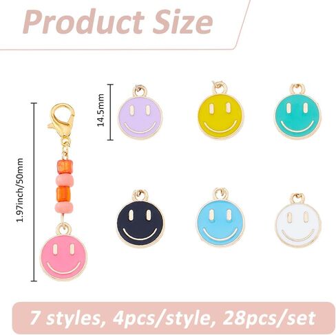 SUPERFINDINGS 28Pcs 7 Colors Smile Face Charm Pendants Happy Face Pendant with Glass Beads Clip on Charms Zipper Pulls Charm Alloy Lobster Claw Clasps Pendants for DIY Keychain Jewelry Making in Saudi Arabia