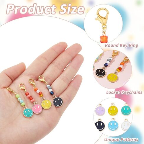 SUPERFINDINGS 28Pcs 7 Colors Smile Face Charm Pendants Happy Face Pendant with Glass Beads Clip on Charms Zipper Pulls Charm Alloy Lobster Claw Clasps Pendants for DIY Keychain Jewelry Making in Saudi Arabia