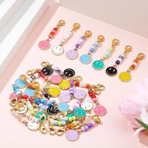 SUPERFINDINGS 28Pcs 7 Colors Smile Face Charm Pendants Happy Face Pendant with Glass Beads Clip on Charms Zipper Pulls Charm Alloy Lobster Claw Clasps Pendants for DIY Keychain Jewelry Making in Saudi Arabia