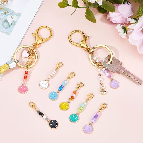 SUPERFINDINGS 28Pcs 7 Colors Smile Face Charm Pendants Happy Face Pendant with Glass Beads Clip on Charms Zipper Pulls Charm Alloy Lobster Claw Clasps Pendants for DIY Keychain Jewelry Making in Saudi Arabia