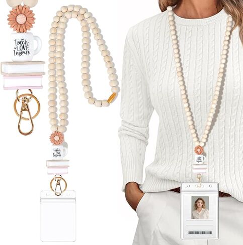 Retractable Lanyards for Id Badges, 2024 Teacher Lanyard with ID Holder, Wooden Beaded Lanyard for Keychain, Boho Breakaway Lanyard Personalized Gift for Women in Saudi Arabia