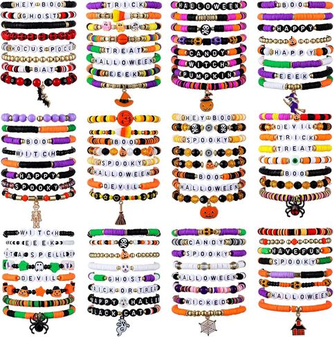 96 Pcs Halloween Bracelets Set Happy Halloween Friendship Bracelets Bulk Bats Ghosts Witches Colorful Beaded Adjustable Flat Jewelry for Women Man Party Favors Gift in Saudi Arabia