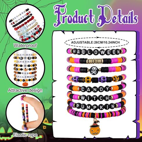 96 Pcs Halloween Bracelets Set Happy Halloween Friendship Bracelets Bulk Bats Ghosts Witches Colorful Beaded Adjustable Flat Jewelry for Women Man Party Favors Gift in Saudi Arabia