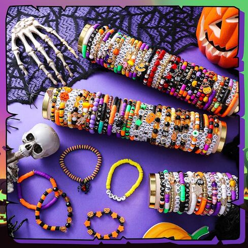 96 Pcs Halloween Bracelets Set Happy Halloween Friendship Bracelets Bulk Bats Ghosts Witches Colorful Beaded Adjustable Flat Jewelry for Women Man Party Favors Gift in Saudi Arabia