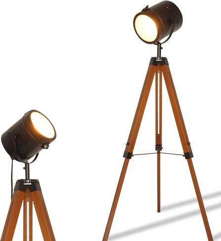 Industrial Tripod Floor Lamp for Living Room Bedroom, Vintage Spotlight Reading Lamp with Wooden Metal Legs，Nautical Searchlight Floor Lamp for Office, Cinema, Dorm, Black (Without Edison Bulb) in Saudi Arabia