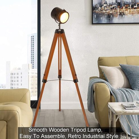 Industrial Tripod Floor Lamp for Living Room Bedroom, Vintage Spotlight Reading Lamp with Wooden Metal Legs，Nautical Searchlight Floor Lamp for Office, Cinema, Dorm, Black (Without Edison Bulb) in Saudi Arabia