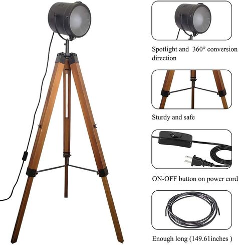 Industrial Tripod Floor Lamp for Living Room Bedroom, Vintage Spotlight Reading Lamp with Wooden Metal Legs，Nautical Searchlight Floor Lamp for Office, Cinema, Dorm, Black (Without Edison Bulb) in Saudi Arabia