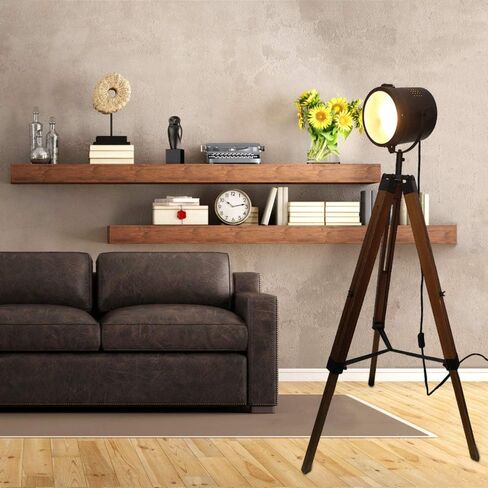 Industrial Tripod Floor Lamp for Living Room Bedroom, Vintage Spotlight Reading Lamp with Wooden Metal Legs，Nautical Searchlight Floor Lamp for Office, Cinema, Dorm, Black (Without Edison Bulb) in Saudi Arabia