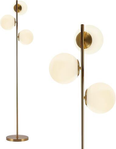 BOKT Mid Century Gold Floor Lamp Modern 3-Light Standing Lamp with Smokey Gary Glass Globe Shade Bright Floor Lamps Office Standing Pole Light for Living Room Bedroom Home Decor… in Saudi Arabia