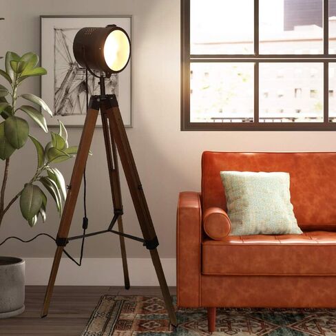 Industrial Tripod Floor Lamp for Living Room Bedroom, Vintage Spotlight Reading Lamp with Wooden Metal Legs，Nautical Searchlight Floor Lamp for Office, Cinema, Dorm, Black (Without Edison Bulb) in Saudi Arabia