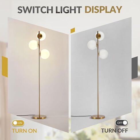 BOKT Mid Century Gold Floor Lamp Modern 3-Light Standing Lamp with Smokey Gary Glass Globe Shade Bright Floor Lamps Office Standing Pole Light for Living Room Bedroom Home Decor… in Saudi Arabia