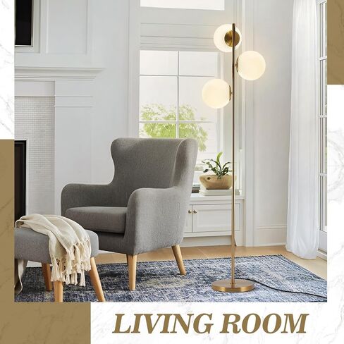 BOKT Mid Century Gold Floor Lamp Modern 3-Light Standing Lamp with Smokey Gary Glass Globe Shade Bright Floor Lamps Office Standing Pole Light for Living Room Bedroom Home Decor… in Saudi Arabia