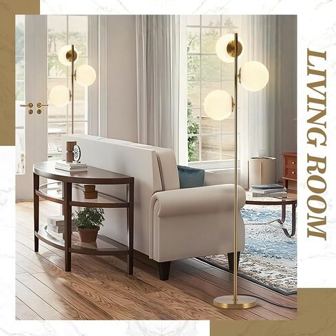 BOKT Mid Century Gold Floor Lamp Modern 3-Light Standing Lamp with Smokey Gary Glass Globe Shade Bright Floor Lamps Office Standing Pole Light for Living Room Bedroom Home Decor… in Saudi Arabia
