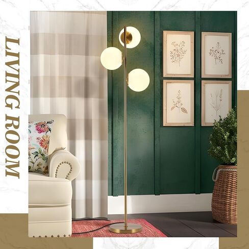BOKT Mid Century Gold Floor Lamp Modern 3-Light Standing Lamp with Smokey Gary Glass Globe Shade Bright Floor Lamps Office Standing Pole Light for Living Room Bedroom Home Decor… in Saudi Arabia