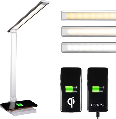 Ottlite Entice LED Desk Lamp مع شاحن لاسلكي و USB ، ضوء الكتاب ، ضوء المكتب ، ضوء القراءة ، الذراع والظلال القابلة للطي ، عناصر التحكم في اللمس ، 3 درجة حرارة اللون ، LED Clearsun ، مصابيح للمكتب المنزلي ، الأزرق الفاتح in Saudi Arabia