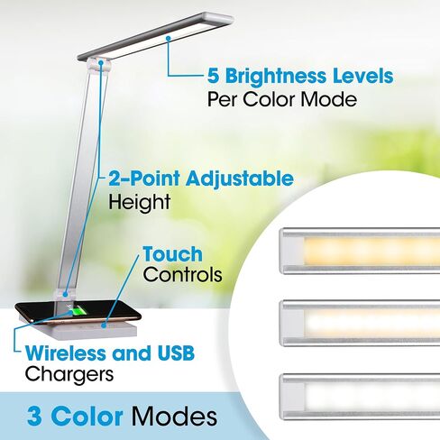 Ottlite Entice LED Desk Lamp مع شاحن لاسلكي و USB ، ضوء الكتاب ، ضوء المكتب ، ضوء القراءة ، الذراع والظلال القابلة للطي ، عناصر التحكم في اللمس ، 3 درجة حرارة اللون ، LED Clearsun ، مصابيح للمكتب المنزلي ، الأزرق الفاتح in Saudi Arabia