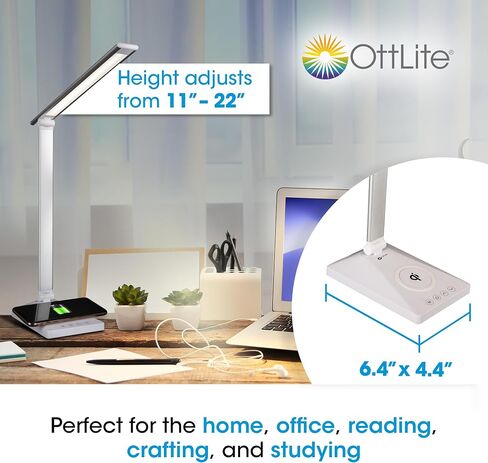 Ottlite Entice LED Desk Lamp مع شاحن لاسلكي و USB ، ضوء الكتاب ، ضوء المكتب ، ضوء القراءة ، الذراع والظلال القابلة للطي ، عناصر التحكم في اللمس ، 3 درجة حرارة اللون ، LED Clearsun ، مصابيح للمكتب المنزلي ، الأزرق الفاتح in Saudi Arabia