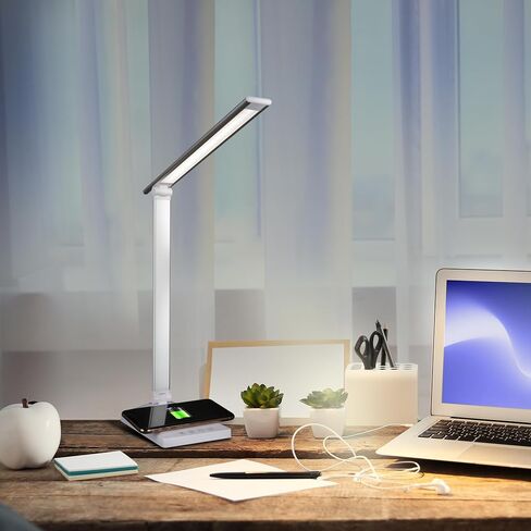 Ottlite Entice LED Desk Lamp مع شاحن لاسلكي و USB ، ضوء الكتاب ، ضوء المكتب ، ضوء القراءة ، الذراع والظلال القابلة للطي ، عناصر التحكم في اللمس ، 3 درجة حرارة اللون ، LED Clearsun ، مصابيح للمكتب المنزلي ، الأزرق الفاتح in Saudi Arabia