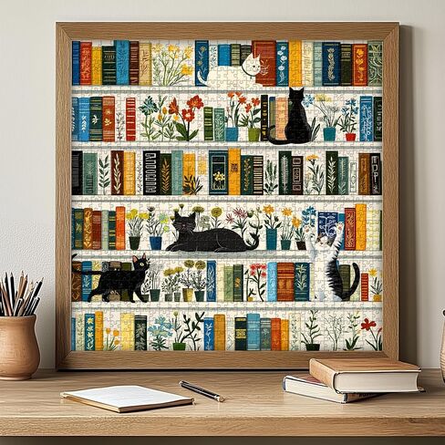 كتاب رف الكتب الرجعية Book Jigsaw Buzzles 1000 قطعة ، بيكفورو خمر قطة ألغاز زهرة للبالغين البالغين ، وموضوع هريرة لطيف مضحك مثل ديكور الجدار in Saudi Arabia