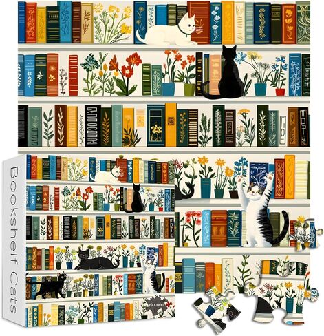 كتاب رف الكتب الرجعية Book Jigsaw Buzzles 1000 قطعة ، بيكفورو خمر قطة ألغاز زهرة للبالغين البالغين ، وموضوع هريرة لطيف مضحك مثل ديكور الجدار in Saudi Arabia