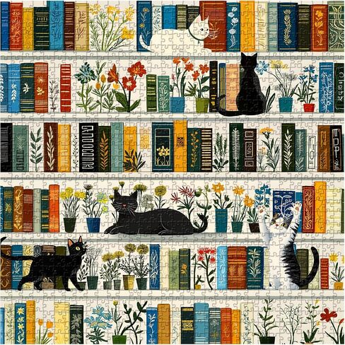 كتاب رف الكتب الرجعية Book Jigsaw Buzzles 1000 قطعة ، بيكفورو خمر قطة ألغاز زهرة للبالغين البالغين ، وموضوع هريرة لطيف مضحك مثل ديكور الجدار in Saudi Arabia