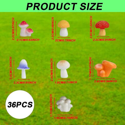 36pcs Mini Resin Mushrooms, 18 Styles Colorful Miniature Mushrooms Small Tiny Figurines for Home Fairy Garden Dollhouse Micro Landscape Cake Outdoor DIY Crafts Decor Ornament Decoration Supplies in Saudi Arabia