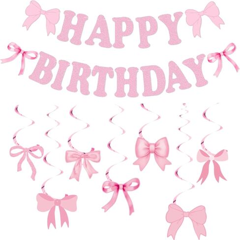 Pink Bow Birthday Decorations Set, Glitter Happy Birthday Banner & Bow Garland for Girls and Women (Pink) in Kuwait