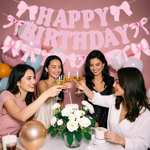 Pink Bow Birthday Decorations Set, Glitter Happy Birthday Banner & Bow Garland for Girls and Women (Pink) in Kuwait
