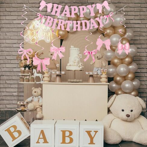 Pink Bow Birthday Decorations Set, Glitter Happy Birthday Banner & Bow Garland for Girls and Women (Pink) in Kuwait