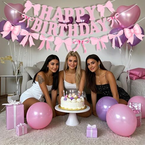 Pink Bow Birthday Decorations Set, Glitter Happy Birthday Banner & Bow Garland for Girls and Women (Pink) in Kuwait
