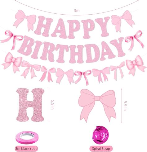 Pink Bow Birthday Decorations Set, Glitter Happy Birthday Banner & Bow Garland for Girls and Women (Pink) in Kuwait