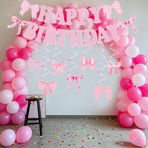 Pink Bow Birthday Decorations Set, Glitter Happy Birthday Banner & Bow Garland for Girls and Women (Pink) in Kuwait