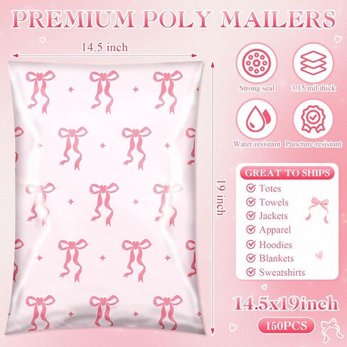Faccito 150 PCS Poly Mailer 14.5x19 أقواس وردية الشحن أكياس الشحن الثقيلة مختومة مراسلات Coquett in Saudi Arabia