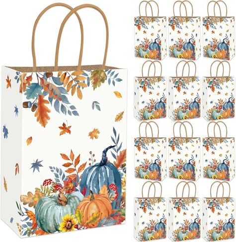 JarThenaAMCS 24Pcs Fall Kraft Paper Bag Blue Orange Pumpkin Leaves Treat Bags with Handles Candy Goodie Gift Bags for Autumn Harvest Thanksgiving Birthday Party Favors Supplies in Saudi Arabia