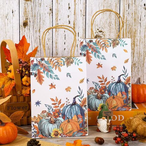 JarThenaAMCS 24Pcs Fall Kraft Paper Bag Blue Orange Pumpkin Leaves Treat Bags with Handles Candy Goodie Gift Bags for Autumn Harvest Thanksgiving Birthday Party Favors Supplies in Saudi Arabia