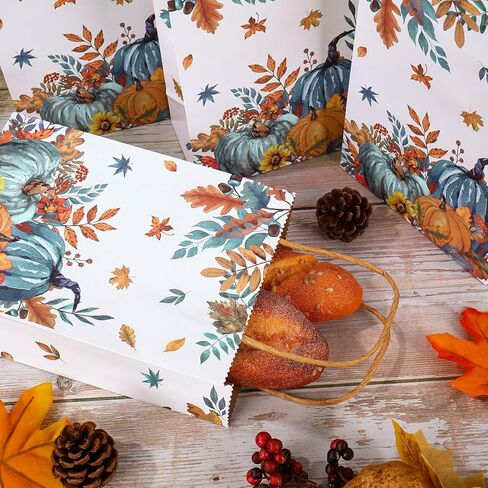 JarThenaAMCS 24Pcs Fall Kraft Paper Bag Blue Orange Pumpkin Leaves Treat Bags with Handles Candy Goodie Gift Bags for Autumn Harvest Thanksgiving Birthday Party Favors Supplies in Saudi Arabia